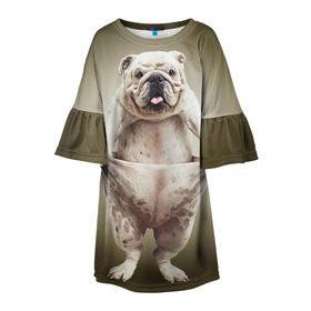 Детское платье 3D с принтом Бульдог английский в Новосибирске, 100% полиэстер | прямой силуэт, чуть расширенный к низу. Круглая горловина, на рукавах — воланы | animals | breed | dog | english bulldog | funny | joke | pants | surrealism | бульдог английский | животное | порода | прикол | собака | сюрреализм | шутка