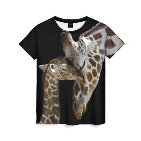 Женская футболка 3D с принтом Жирафы в Новосибирске, 100% полиэфир ( синтетическое хлопкоподобное полотно) | прямой крой, круглый вырез горловины, длина до линии бедер | africa | animals | baby | child | family | giraffes | head | mother | африка | головы | животные | жирафы | любовь | малыш | мама | ребенок | семья
