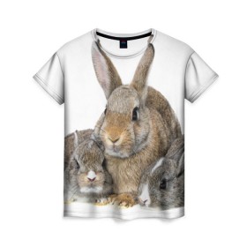 Женская футболка 3D с принтом Кролики в Новосибирске, 100% полиэфир ( синтетическое хлопкоподобное полотно) | прямой крой, круглый вырез горловины, длина до линии бедер | animals | bunnies | cute | eared | family | fluffy | kids | mom | rabbits | животные | зайцы | кролики | малыши | мама | милые | пушистые | семья | ушастые