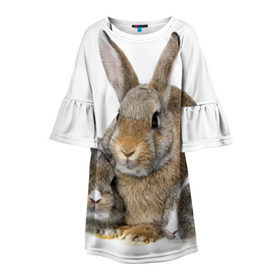 Детское платье 3D с принтом Кролики в Новосибирске, 100% полиэстер | прямой силуэт, чуть расширенный к низу. Круглая горловина, на рукавах — воланы | animals | bunnies | cute | eared | family | fluffy | kids | mom | rabbits | животные | зайцы | кролики | малыши | мама | милые | пушистые | семья | ушастые