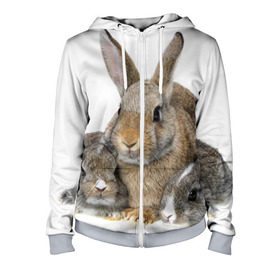 Женская толстовка 3D на молнии с принтом Кролики в Новосибирске, 100% полиэстер | длина до линии бедра, манжеты и пояс оформлены мягкой тканевой резинкой, двухслойный капюшон со шнурком для регулировки, спереди молния, по бокам два кармана | animals | bunnies | cute | eared | family | fluffy | kids | mom | rabbits | животные | зайцы | кролики | малыши | мама | милые | пушистые | семья | ушастые