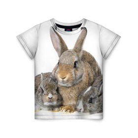 Детская футболка 3D с принтом Кролики в Новосибирске, 100% гипоаллергенный полиэфир | прямой крой, круглый вырез горловины, длина до линии бедер, чуть спущенное плечо, ткань немного тянется | Тематика изображения на принте: animals | bunnies | cute | eared | family | fluffy | kids | mom | rabbits | животные | зайцы | кролики | малыши | мама | милые | пушистые | семья | ушастые