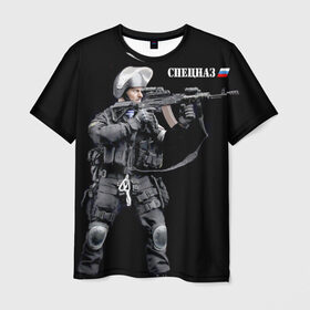 Мужская футболка 3D с принтом Спецназ России в Новосибирске, 100% полиэфир | прямой крой, круглый вырез горловины, длина до линии бедер | боец | отряд | специального назначения