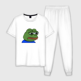 Мужская пижама хлопок с принтом sad frog в Новосибирске, 100% хлопок | брюки и футболка прямого кроя, без карманов, на брюках мягкая резинка на поясе и по низу штанин
 | pepe | грустная | мемы | пепе