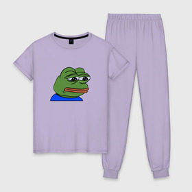 Женская пижама хлопок с принтом sad frog в Новосибирске, 100% хлопок | брюки и футболка прямого кроя, без карманов, на брюках мягкая резинка на поясе и по низу штанин | pepe | грустная | мемы | пепе