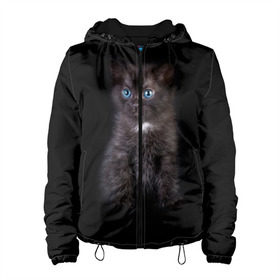 Женская куртка 3D с принтом Чёрный котёнок в Новосибирске, ткань верха — 100% полиэстер, подклад — флис | прямой крой, подол и капюшон оформлены резинкой с фиксаторами, два кармана без застежек по бокам, один большой потайной карман на груди. Карман на груди застегивается на липучку | киска | кот | кошка