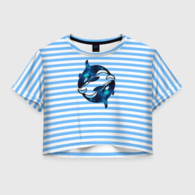 Женская футболка 3D укороченная с принтом Космические косатки в Новосибирске, 100% полиэстер | круглая горловина, длина футболки до линии талии, рукава с отворотами | orca | sea | whale | галактика | звезды | кит | косатка | космос | море | океан
