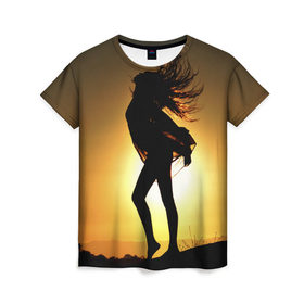Женская футболка 3D с принтом Девушка на закате в Новосибирске, 100% полиэфир ( синтетическое хлопкоподобное полотно) | прямой крой, круглый вырез горловины, длина до линии бедер | девушка | закат | солнце