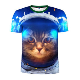 Мужская футболка 3D спортивная с принтом Кот космонавт в Новосибирске, 100% полиэстер с улучшенными характеристиками | приталенный силуэт, круглая горловина, широкие плечи, сужается к линии бедра | кот | кошка | скафандр