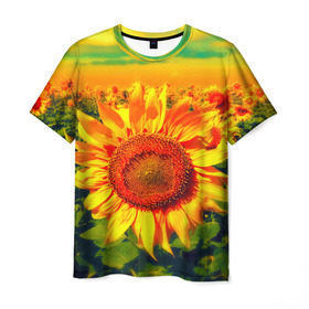 Мужская футболка 3D с принтом Подсолнухи в Новосибирске, 100% полиэфир | прямой крой, круглый вырез горловины, длина до линии бедер | лето | подсолнух | солнце | цветы