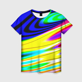 Женская футболка 3D с принтом Волны красок в Новосибирске, 100% полиэфир ( синтетическое хлопкоподобное полотно) | прямой крой, круглый вырез горловины, длина до линии бедер | разводы | цветной | яркий