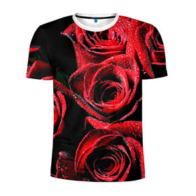 Мужская футболка 3D спортивная с принтом Розы в Новосибирске, 100% полиэстер с улучшенными характеристиками | приталенный силуэт, круглая горловина, широкие плечи, сужается к линии бедра | Тематика изображения на принте: алый | красный | роса | фото | цветы