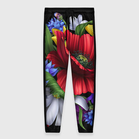 Женские брюки 3D с принтом Композиция цветов в Новосибирске, полиэстер 100% | прямой крой, два кармана без застежек по бокам, с мягкой трикотажной резинкой на поясе и по низу штанин. В поясе для дополнительного комфорта — широкие завязки | композиция | мак | ромашки | цветы