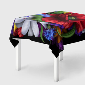 Скатерть 3D с принтом Композиция цветов в Новосибирске, 100% полиэстер (ткань не мнется и не растягивается) | Размер: 150*150 см | композиция | мак | ромашки | цветы