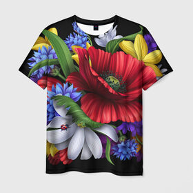 Мужская футболка 3D с принтом Композиция цветов в Новосибирске, 100% полиэфир | прямой крой, круглый вырез горловины, длина до линии бедер | композиция | мак | ромашки | цветы
