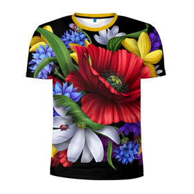 Мужская футболка 3D спортивная с принтом Композиция цветов в Новосибирске, 100% полиэстер с улучшенными характеристиками | приталенный силуэт, круглая горловина, широкие плечи, сужается к линии бедра | композиция | мак | ромашки | цветы