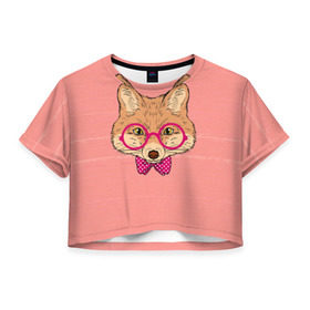 Женская футболка 3D укороченная с принтом Лиса в Новосибирске, 100% полиэстер | круглая горловина, длина футболки до линии талии, рукава с отворотами | бантик | белый | горошек | жёлтый | коричневый | красный | лиса в очках | оранжевый | очки | розовый | цвет