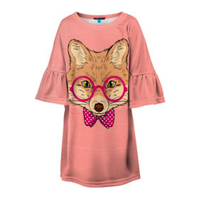 Детское платье 3D с принтом Лиса в Новосибирске, 100% полиэстер | прямой силуэт, чуть расширенный к низу. Круглая горловина, на рукавах — воланы | бантик | белый | горошек | жёлтый | коричневый | красный | лиса в очках | оранжевый | очки | розовый | цвет