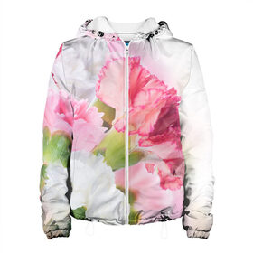 Женская куртка 3D с принтом Белые и розовые цветы в Новосибирске, ткань верха — 100% полиэстер, подклад — флис | прямой крой, подол и капюшон оформлены резинкой с фиксаторами, два кармана без застежек по бокам, один большой потайной карман на груди. Карман на груди застегивается на липучку | лепестки | прикольные картинки | цветочки | цветы