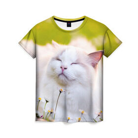Женская футболка 3D с принтом Белая киса в Новосибирске, 100% полиэфир ( синтетическое хлопкоподобное полотно) | прямой крой, круглый вырез горловины, длина до линии бедер | cat | киса | котенок | кошка | лето | ромашки | солнце