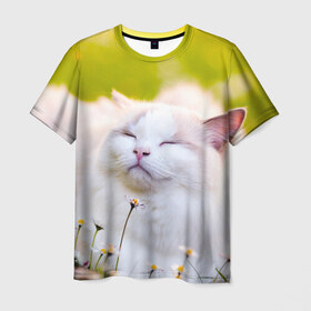 Мужская футболка 3D с принтом Белая киса в Новосибирске, 100% полиэфир | прямой крой, круглый вырез горловины, длина до линии бедер | cat | киса | котенок | кошка | лето | ромашки | солнце