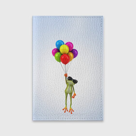 Обложка для паспорта матовая кожа с принтом Лягушка на воздушных шарах в Новосибирске, натуральная матовая кожа | размер 19,3 х 13,7 см; прозрачные пластиковые крепления | Тематика изображения на принте: 