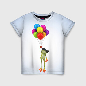 Детская футболка 3D с принтом Лягушка на воздушных шарах в Новосибирске, 100% гипоаллергенный полиэфир | прямой крой, круглый вырез горловины, длина до линии бедер, чуть спущенное плечо, ткань немного тянется | Тематика изображения на принте: 