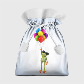 Подарочный 3D мешок с принтом Лягушка на воздушных шарах в Новосибирске, 100% полиэстер | Размер: 29*39 см | Тематика изображения на принте: 