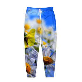 Мужские брюки 3D с принтом Ромашки и бабочка в Новосибирске, 100% полиэстер | манжеты по низу, эластичный пояс регулируется шнурком, по бокам два кармана без застежек, внутренняя часть кармана из мелкой сетки | бабочки | лето | природа | ромашки | цветы