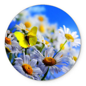 Коврик круглый с принтом Ромашки и бабочка в Новосибирске, резина и полиэстер | круглая форма, изображение наносится на всю лицевую часть | бабочки | лето | природа | ромашки | цветы