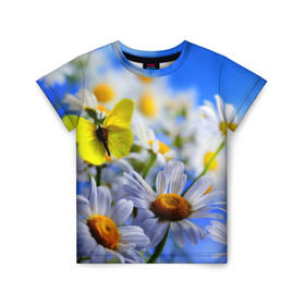 Детская футболка 3D с принтом Ромашки и бабочка в Новосибирске, 100% гипоаллергенный полиэфир | прямой крой, круглый вырез горловины, длина до линии бедер, чуть спущенное плечо, ткань немного тянется | Тематика изображения на принте: бабочки | лето | природа | ромашки | цветы