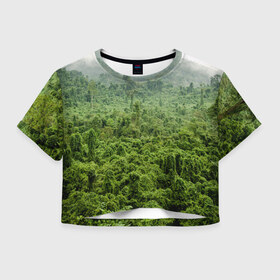 Женская футболка 3D укороченная с принтом Потрясающие тропики в Новосибирске, 100% полиэстер | круглая горловина, длина футболки до линии талии, рукава с отворотами | деревья | джунгли | зелень | красиво | лес | пейзаж | фото