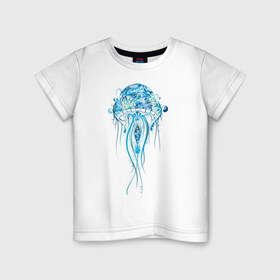 Детская футболка хлопок с принтом Синяя медуза в Новосибирске, 100% хлопок | круглый вырез горловины, полуприлегающий силуэт, длина до линии бедер | красота | медуза | море | рисунок | синий | стиль | щупальца