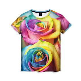Женская футболка 3D с принтом Цветные розы в Новосибирске, 100% полиэфир ( синтетическое хлопкоподобное полотно) | прямой крой, круглый вырез горловины, длина до линии бедер | девушкам | розы | цветные | цветы
