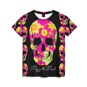 Женская футболка 3D с принтом Мексиканский череп в Новосибирске, 100% полиэфир ( синтетическое хлопкоподобное полотно) | прямой крой, круглый вырез горловины, длина до линии бедер | Тематика изображения на принте: день мертвыхэ | мексика | разноцветный | традция | узоры | цветы | яркий
