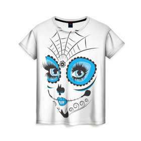 Женская футболка 3D с принтом Мексиканский череп в Новосибирске, 100% полиэфир ( синтетическое хлопкоподобное полотно) | прямой крой, круглый вырез горловины, длина до линии бедер | белый | девушка | день мертвых | мексика | традция | узоры | цветы