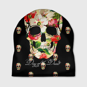 Шапка 3D с принтом Мексиканский череп в Новосибирске, 100% полиэстер | универсальный размер, печать по всей поверхности изделия | день мертвых | мексика | паттерн | темный | традция | узоры | цветочный | цветы