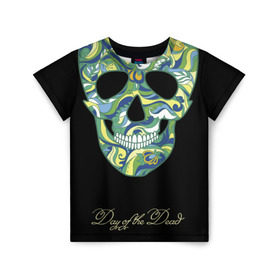 Детская футболка 3D с принтом Мексиканский череп в Новосибирске, 100% гипоаллергенный полиэфир | прямой крой, круглый вырез горловины, длина до линии бедер, чуть спущенное плечо, ткань немного тянется | день мертвых | мексика | разноцветный | традиция | узоры | цветы | черный | яркий