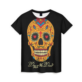 Женская футболка 3D с принтом Мексиканский череп в Новосибирске, 100% полиэфир ( синтетическое хлопкоподобное полотно) | прямой крой, круглый вырез горловины, длина до линии бедер | Тематика изображения на принте: день мертвых | мексика | традция | узоры | цветы