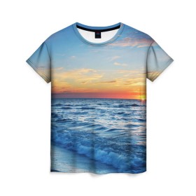 Женская футболка 3D с принтом Море на закате в Новосибирске, 100% полиэфир ( синтетическое хлопкоподобное полотно) | прямой крой, круглый вырез горловины, длина до линии бедер | волны | закат | море | небо | облака | пейзаж | пляж