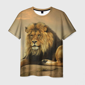Мужская футболка 3D с принтом Величиственый лев в Новосибирске, 100% полиэфир | прямой крой, круглый вырез горловины, длина до линии бедер | царь зверей