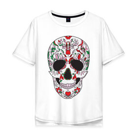 Мужская футболка хлопок Oversize с принтом Мексиканский череп в Новосибирске, 100% хлопок | свободный крой, круглый ворот, “спинка” длиннее передней части | color | day of the dead | dead | death | holiday | mexican skull | mexico | ornament | pattern | день мертвых | мексика | мексиканский череп | мертвецов | орнамент | праздник | узоры | цветы