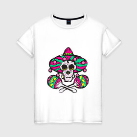 Женская футболка хлопок с принтом Мексиканский череп в Новосибирске, 100% хлопок | прямой крой, круглый вырез горловины, длина до линии бедер, слегка спущенное плечо | 