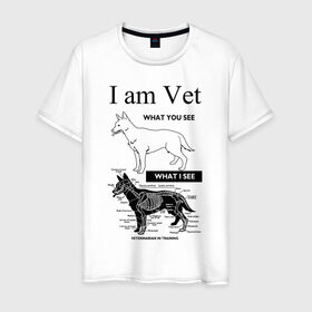 Мужская футболка хлопок с принтом I Am Vet в Новосибирске, 100% хлопок | прямой крой, круглый вырез горловины, длина до линии бедер, слегка спущенное плечо. | Тематика изображения на принте: ветеринар | ветеринарный врач | кошки | скелет | собаки