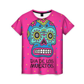 Женская футболка 3D с принтом Мексиканский череп в Новосибирске, 100% полиэфир ( синтетическое хлопкоподобное полотно) | прямой крой, круглый вырез горловины, длина до линии бедер | Тематика изображения на принте: день мертвыхб сахарный череп | мексика | традиция | узоры | цветы