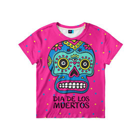 Детская футболка 3D с принтом Мексиканский череп в Новосибирске, 100% гипоаллергенный полиэфир | прямой крой, круглый вырез горловины, длина до линии бедер, чуть спущенное плечо, ткань немного тянется | день мертвыхб сахарный череп | мексика | традиция | узоры | цветы