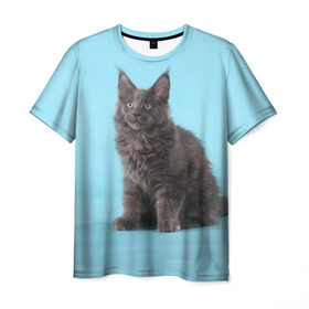 Мужская футболка 3D с принтом Кот мейн кун в Новосибирске, 100% полиэфир | прямой крой, круглый вырез горловины, длина до линии бедер | котенок | мейнкун