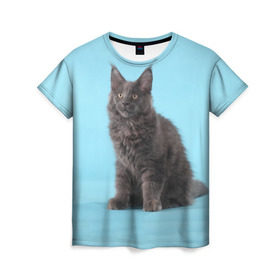 Женская футболка 3D с принтом Кот мейн кун в Новосибирске, 100% полиэфир ( синтетическое хлопкоподобное полотно) | прямой крой, круглый вырез горловины, длина до линии бедер | котенок | мейнкун