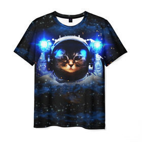 Мужская футболка 3D с принтом Кот космонавт в Новосибирске, 100% полиэфир | прямой крой, круглый вырез горловины, длина до линии бедер | звёздное небо | космос | кот | кошка | прикольные картинки