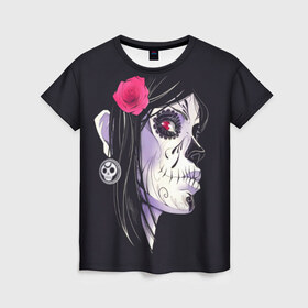 Женская футболка 3D с принтом День мертвецов в Новосибирске, 100% полиэфир ( синтетическое хлопкоподобное полотно) | прямой крой, круглый вырез горловины, длина до линии бедер | mexi | день мертвых | мексика | мексиканский череп | мертвецов | орнамент | праздник | узоры | цветы
